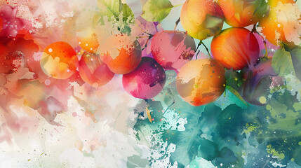Fruits Watercolor abstract background, 3D fruits decorative painted artificial surface, Kitchen decorative photo, Generative AI.