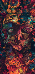Saturated colorful mad abstract background, random different shapes and objects, hallucinations of ancient shaman after mushroom overdose. Neural network generated image. Not based on any actual scene