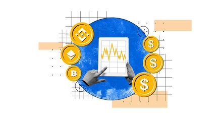 Man working on tablet with financial graph on screen. Analyzing cryptocurrency market trends, checking transaction. Concept of cryptocurrency, business, trading, virtual money, investment