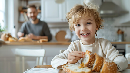 Happy kid and good testy bread in kitchen - obrazy, fototapety, plakaty
