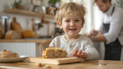 Happy kid and good testy bread in kitchen