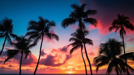 Fototapeta na wymiar Tropical Serenity: Silhouetted Palm Trees Embracing Sunrise or Sunset, Canon RF 50mm f/1.2L USM Capture