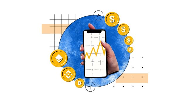 Woman holding phone with financial graph on screen. Increase of cryptocurrency usage. Monitoring cryptocurrency prices, usage cryptocurrency in payment. Concept of cryptocurrency, business, trading