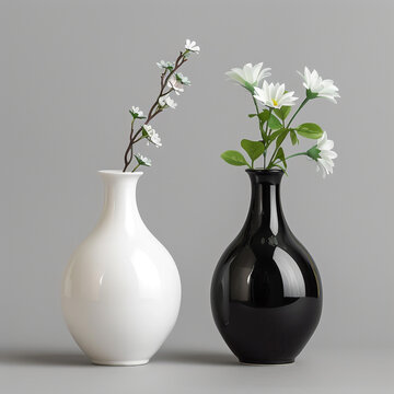 Black and white vase with a bouquet of flowers in it in minimalist design