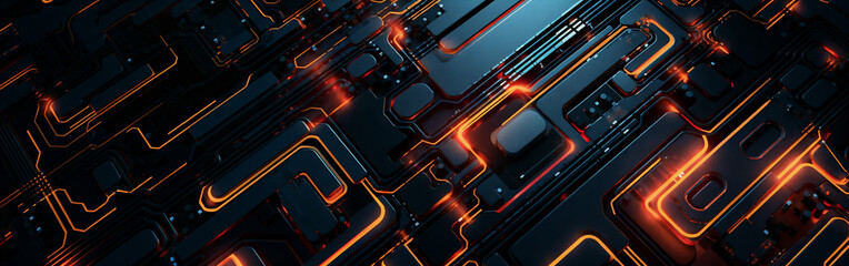 a computer circuit board with neon lights and a black background with a red and yellow pattern on it and a blue background, generative ai