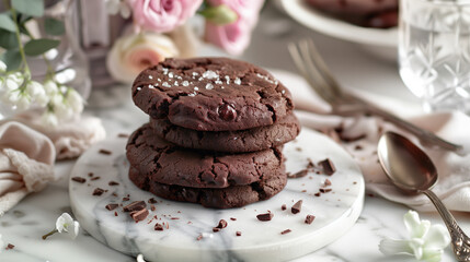 A decadent double chocolate cookie, placed on a marble serving platter in an elegant setting