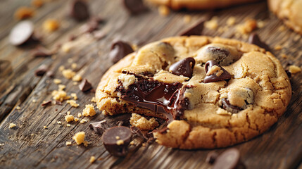A mouthwatering chocolate chip cookie, surrounded by crumbs on a rustic wooden table