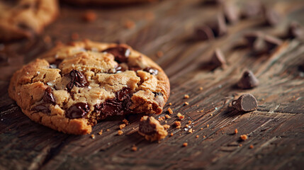 A mouthwatering chocolate chip cookie, surrounded by crumbs on a rustic wooden table
