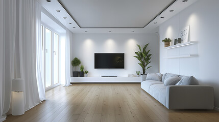 Fototapeta premium Living room with sofa and television and big window, home living with space, living room decoration,