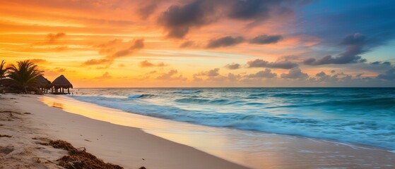 Golden Sunrise Casting Warm Glow Over Cancun Beach, Shot with Canon RF 50mm f/1.2L USM - obrazy, fototapety, plakaty