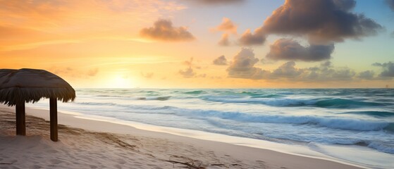 Golden Sunrise Casting Warm Glow Over Cancun Beach, Shot with Canon RF 50mm f/1.2L USM - obrazy, fototapety, plakaty