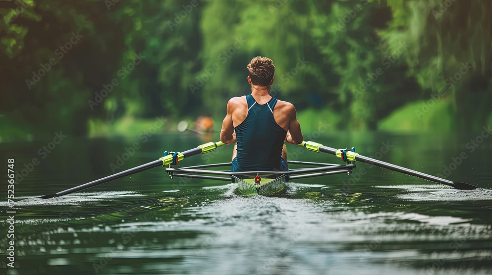 Wall mural a man is actively rowing a boat across a body of water, creating ripples in the water as he moves fo