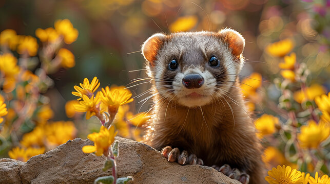 In the heart of the woodland, a curious weasel with watchful bright eyes navigates through vibrant autumn leaves, a picture of wild exploration.