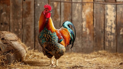 Rustic Barnyard Scene with Colorful Easter Egger Rooster