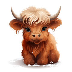 Baby Highland Cow Christmas illustration with outline with white Background no Shadow сreated with Generative Ai