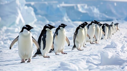 a group of penguins walking in the snow