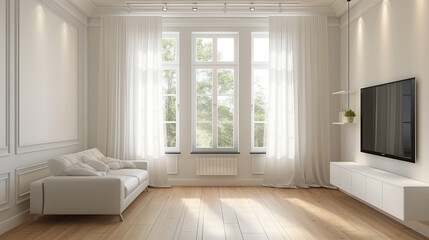 Fototapeta premium Living room with sofa and television and big window, home living with space, living room decoration,
