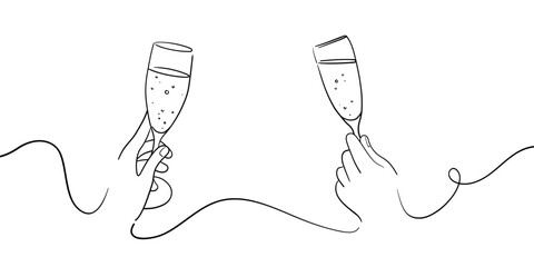 Holiday outline card decoration. Cheers toast festive decoration for holidays. Cocktail continuous one line drawing. Vector illustration