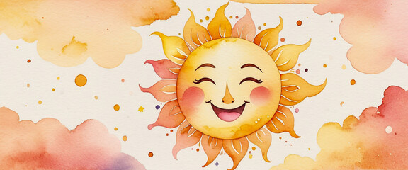 Fototapeta na wymiar The sun character smiling brightly. The sun painted in soft pastel tones. Illustration in watercolor style.