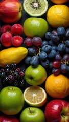 Assorted fruits and berries, including oranges, apples, lemons, and kiwis, isolated on a white background, representing freshness and healthy eating