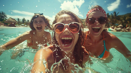 A group of individuals wearing sunglasses standing in the water, enjoying a sunny day together - Powered by Adobe