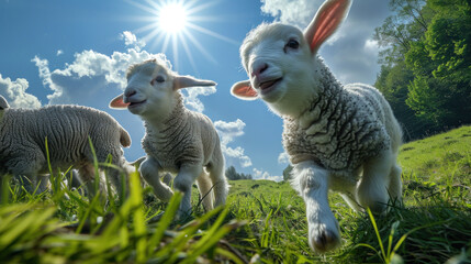 Adorable lambs frolics on a green sunny meadow, clear blue sky background, bottom front view, poster