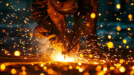 worker doing welding work And a hat is worn to prevent sparks from flying into the eyes. - obrazy, fototapety, plakaty