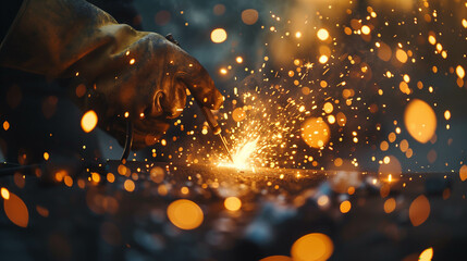worker doing welding work And a hat is worn to prevent sparks from flying into the eyes. - obrazy, fototapety, plakaty