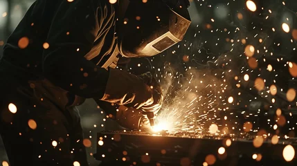 Foto op Aluminium worker doing welding work And a hat is worn to prevent sparks from flying into the eyes. © Gun