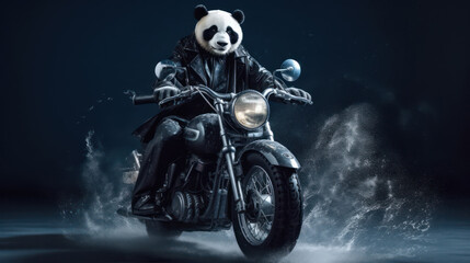 Panda bear riding a chopper, wild panda, motor, leather jacket, motorcyclist, black background