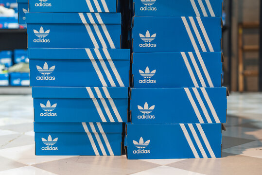 Adidas signature blue boxes on the floor on March 3, 2024, in Bangkok, Thailand.