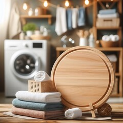 Empty wooden board with towels on blurred background of washing machine in home laundry. Place for product mounting and advertising created with generative ai.