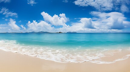 Soothing Seascape: Canon RF 50mm Capture of Tranquil Sandy Beach and Gentle Blue Ocean Wave