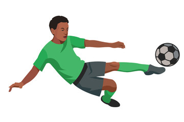 South African boy football player in a green sports uniform jumps to hit the ball