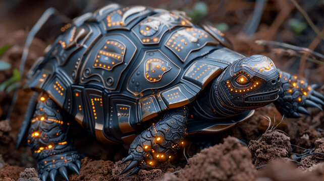 Futuristic robotic tortoise with glowing details crawls in soil