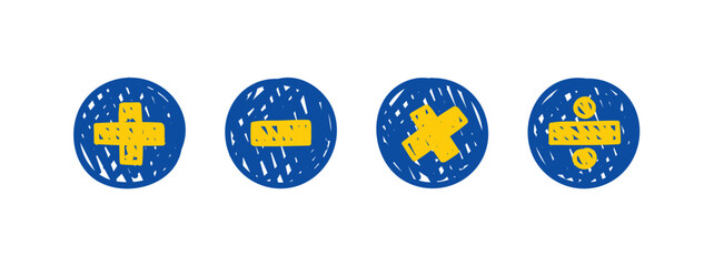 hand drawn four process symbols. doodle addition symbol, subtraction symbol, multiplication symbol, division symbol. four operation symbols in doodle mathematics