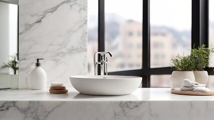 White bathroom marble countertop with copy space on blurred window background created with generative ai	