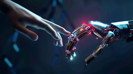 Artificial intelligence and human cooperation. The robot's hand and human hands are close to each other, virtual reality, augmented reality and digital twins, humans control AI