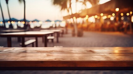 Cozy Coastal Ambiance: Wooden Table Amidst Beachside Cafes with Bokeh Lights, Canon RF 50mm f/1.2L...