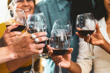 Friends cheerfully toasting glasses of red wine at a casual party - Moments of joy and celebration captured in a friendly gathering.