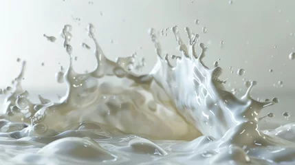 Foto auf Acrylglas Realistic milk splash, splashing in milk pool with isolated on white background. 3D illustration, milk, liquid, drink, splashing, motion, dairy, beverage, cream, white, fresh, food, freshness, drop © saichon