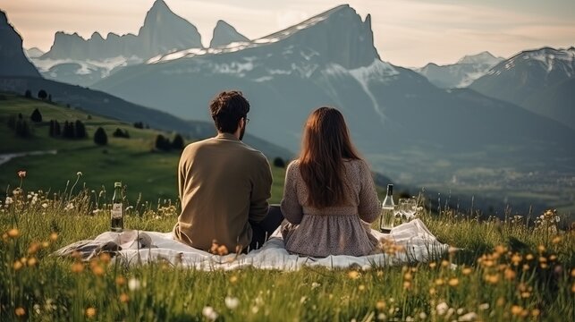 Romantic Alpine Picnic: Couple Admiring Scenic Dolomites Landscape - Powered by Adobe