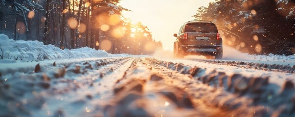 Navigating a Challenging Snowy Road: Treacherous Winter Driving Conditions. Concept Winter Driving, Snowy Road, Safety Tips, Vehicle Preparedness, Challenging Conditions - obrazy, fototapety, plakaty