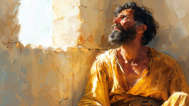 A reflective figure evoking the biblical Paul in confinement, illuminated by a strong light, depicted in a painterly style.