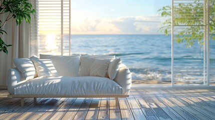 a couch on a deck with a view of the ocean - obrazy, fototapety, plakaty