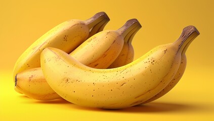 A fresh bunch of ripe yellow bananas positioned against a lively yellow backdrop, perfect for...
