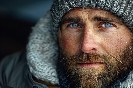 A portrait of a bearded man wearing a hat and scarf.
