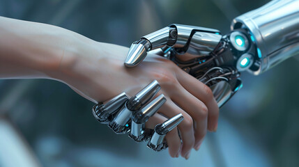 Artificial intelligence cooperates with human beings. Robot hands and human handshake, virtual reality, augmented reality and digital twins, humans control AI
