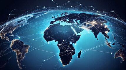 Global network connecting continents with illuminated data lines over a digital Earth, Generative AI