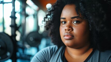 Fototapeta premium An overweight woman stands in the gym preparing to play sports, the concept of an active life, taking care of the body and building a relationship with weight